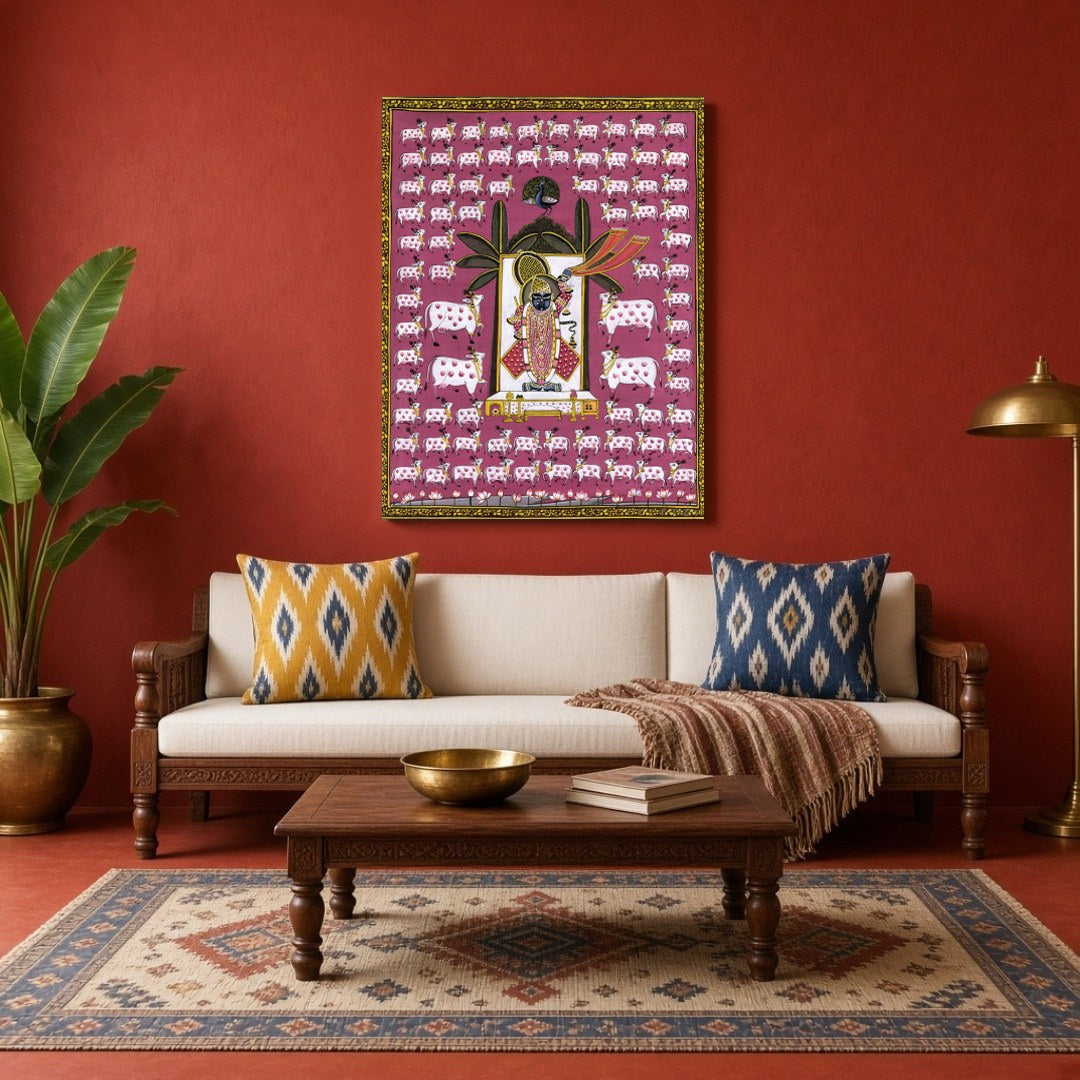 Immerse your space in the enchanting world of Pichwai with this captivating artwork featuring for Living Room