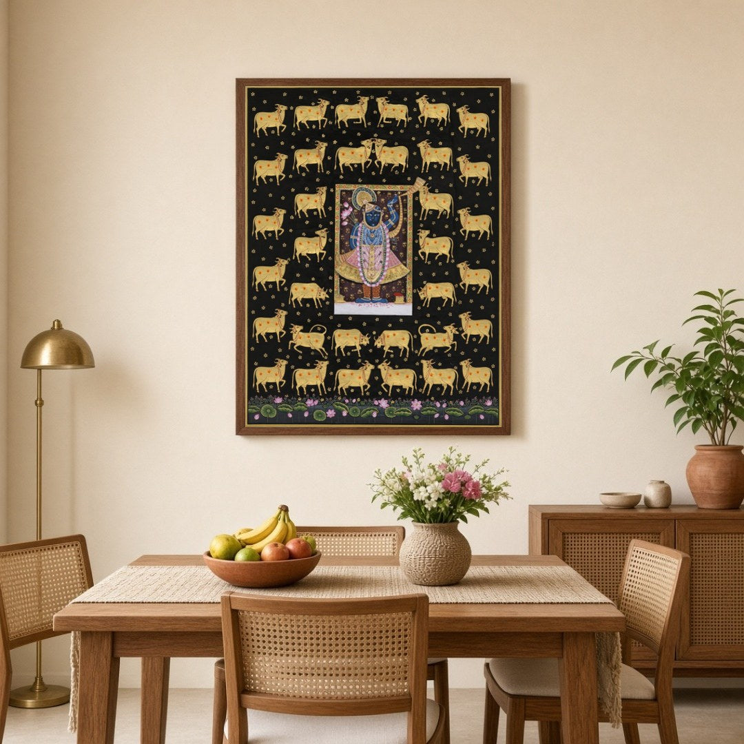 Experience the divine presence of Shrinathji surrounded by a serene assembly of celestial cows in for Dining