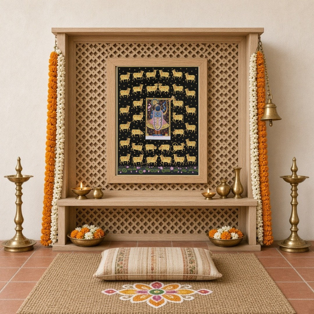 Experience the divine presence of Shrinathji surrounded by a serene assembly of celestial cows in for Home Temple