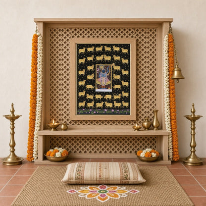 Experience the divine presence of Shrinathji surrounded by a serene assembly of celestial cows in for Home Temple