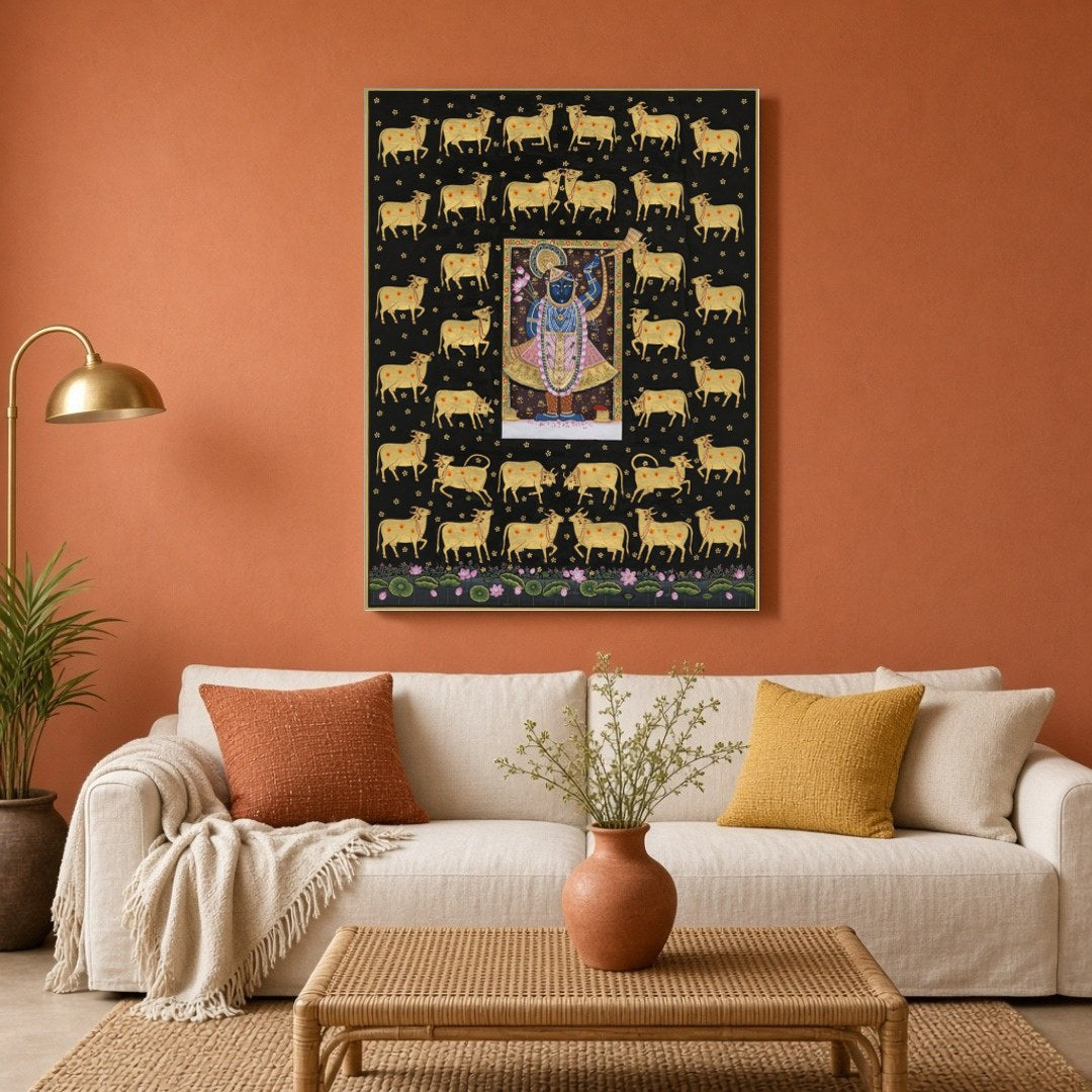 Experience the divine presence of Shrinathji surrounded by a serene assembly of celestial cows in for Living Room