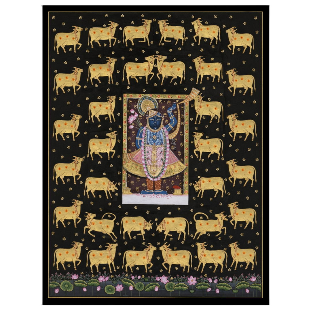 Experience the divine presence of Shrinathji surrounded by a serene assembly of celestial cows in for office