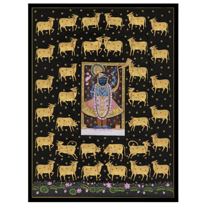 Experience the divine presence of Shrinathji surrounded by a serene assembly of celestial cows in for office