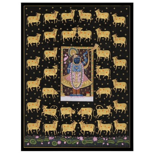 Experience the divine presence of Shrinathji surrounded by a serene assembly of celestial cows in for office