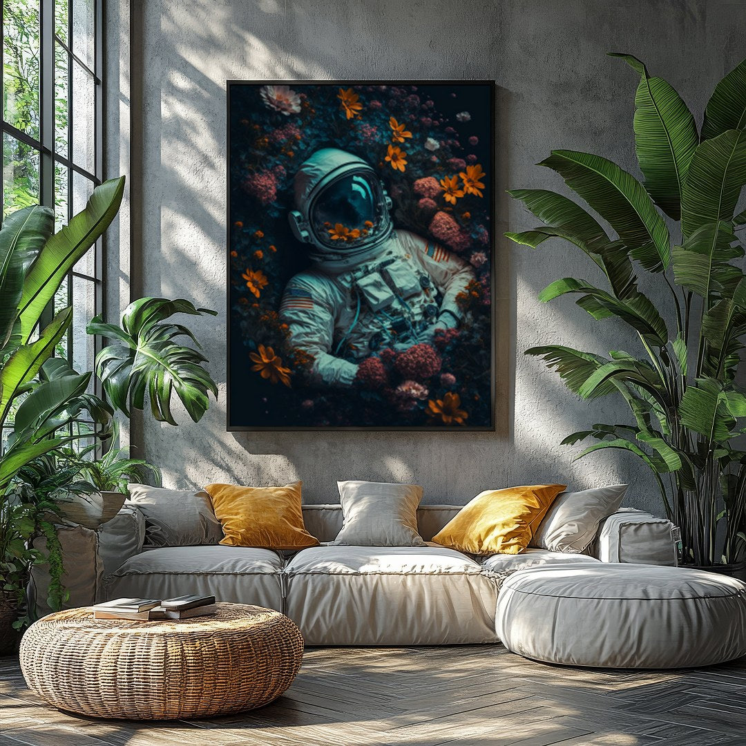 Immerse yourself in a surreal exploration where the infinite cosmos meets earthly flora. This for Balcony