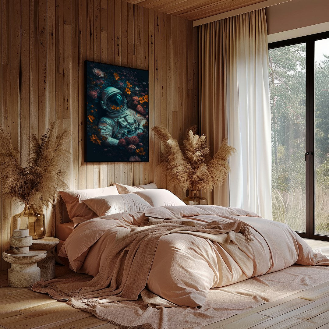 Immerse yourself in a surreal exploration where the infinite cosmos meets earthly flora. This for Bedroom