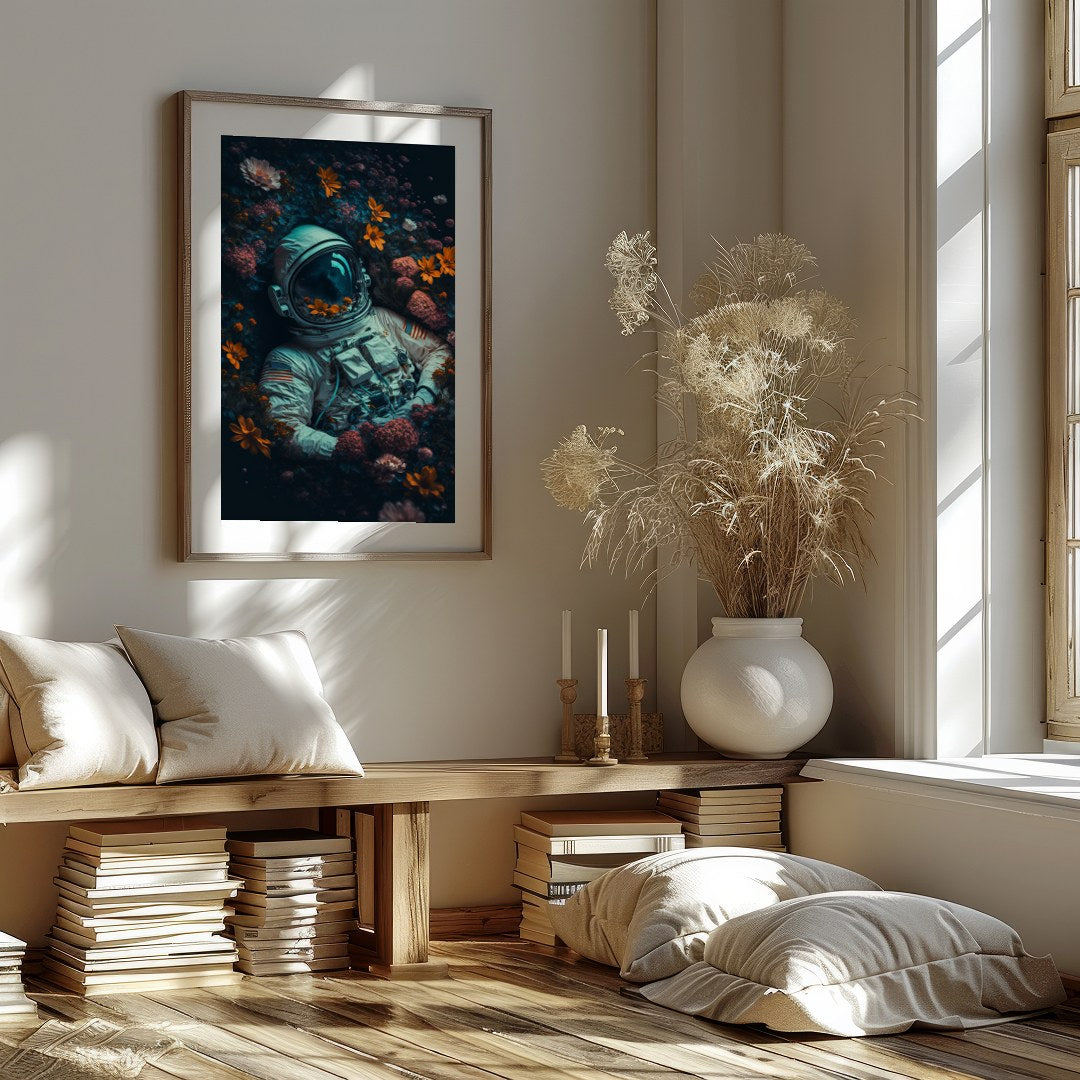 Immerse yourself in a surreal exploration where the infinite cosmos meets earthly flora. This for room