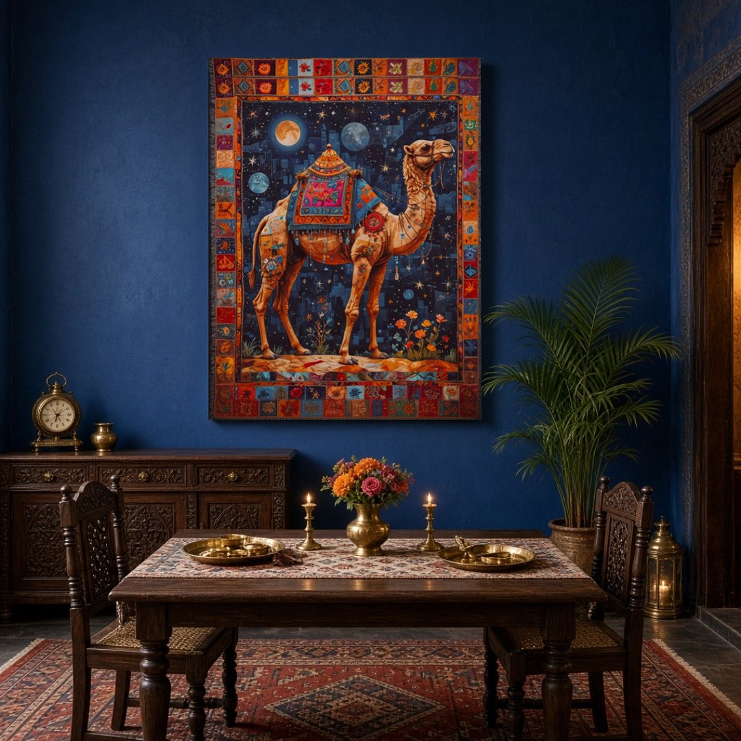 Embark on a celestial journey with this breathtaking artwork featuring a camel adorned with for Dining