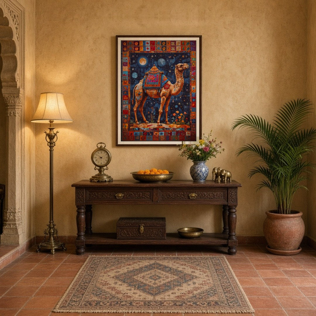Embark on a celestial journey with this breathtaking artwork featuring a camel adorned with for Entrance