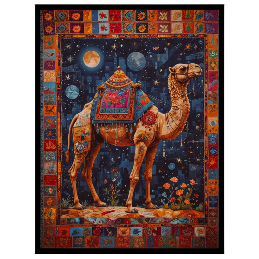 Embark on a celestial journey with this breathtaking artwork featuring a camel adorned with for gallery