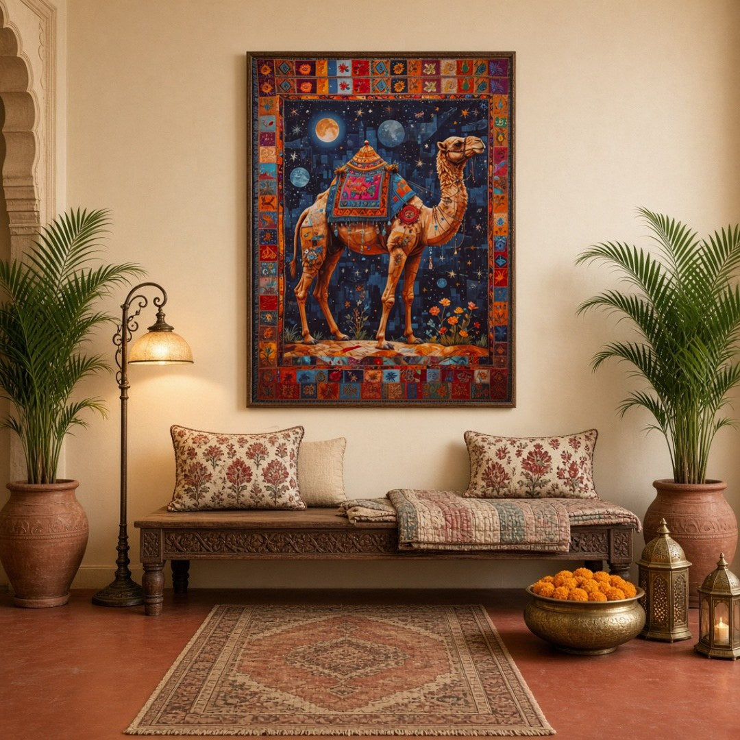 Embark on a celestial journey with this breathtaking artwork featuring a camel adorned with for Hallway
