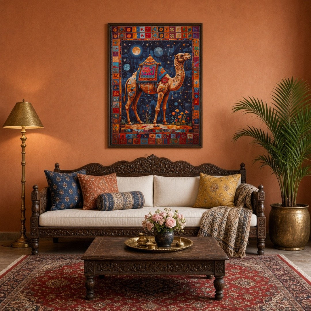 Embark on a celestial journey with this breathtaking artwork featuring a camel adorned with for Living Room