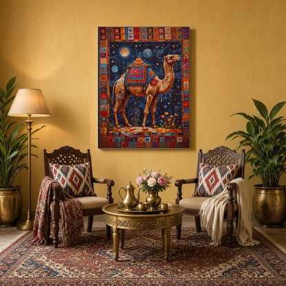 Embark on a celestial journey with this breathtaking artwork featuring a camel adorned with for Sitting Area