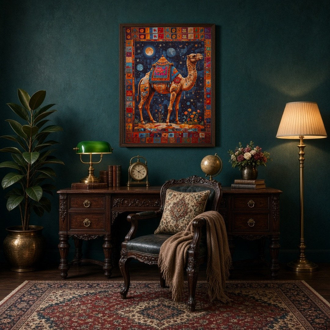 Embark on a celestial journey with this breathtaking artwork featuring a camel adorned with for Study