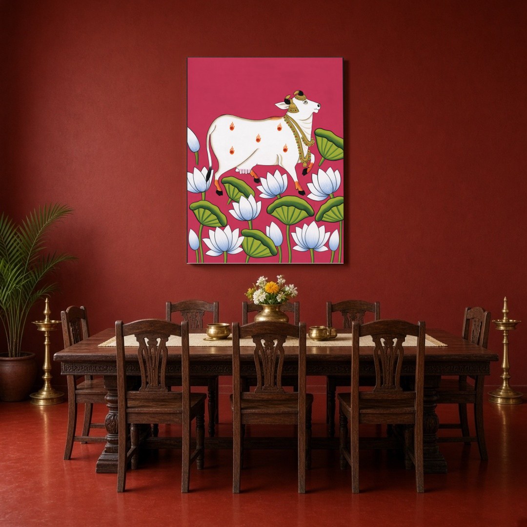 Immerse yourself in the captivating world of Pichwai art with our 'Celestial Cow Amidst Lotus for Dining
