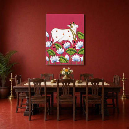 Immerse yourself in the captivating world of Pichwai art with our 'Celestial Cow Amidst Lotus for Dining