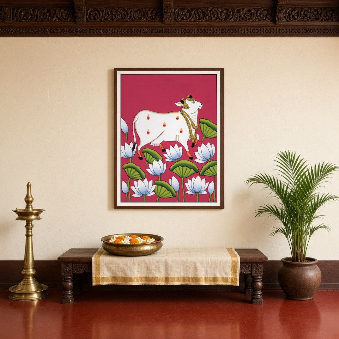 Immerse yourself in the captivating world of Pichwai art with our 'Celestial Cow Amidst Lotus for Entrance