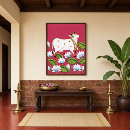 Immerse yourself in the captivating world of Pichwai art with our 'Celestial Cow Amidst Lotus for Hallway