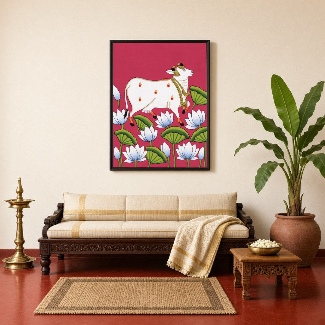 Immerse yourself in the captivating world of Pichwai art with our 'Celestial Cow Amidst Lotus for Living Room