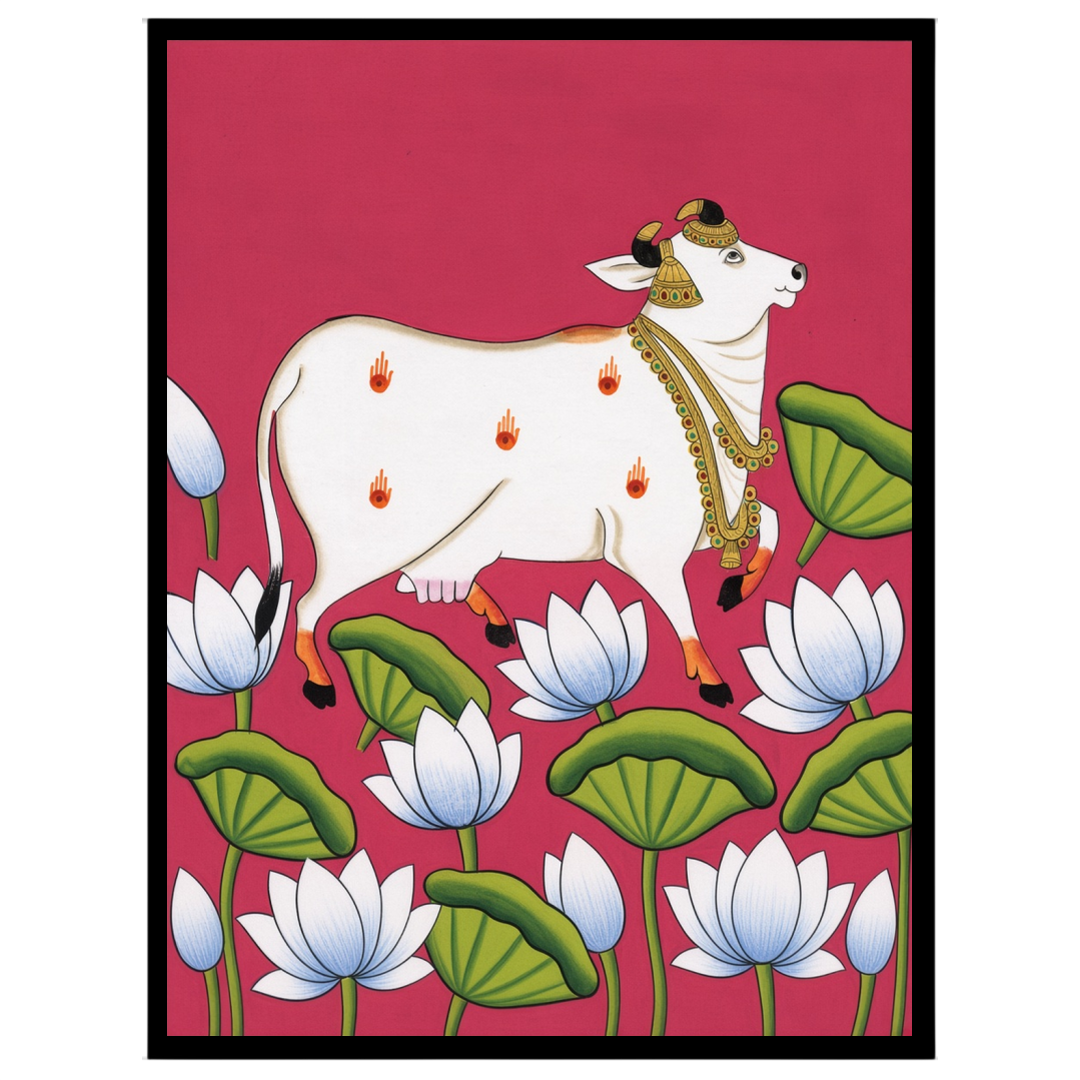Immerse yourself in the captivating world of Pichwai art with our 'Celestial Cow Amidst Lotus for loft