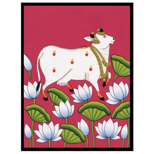 Immerse yourself in the captivating world of Pichwai art with our 'Celestial Cow Amidst Lotus for loft