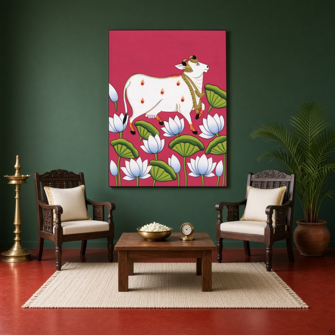 Immerse yourself in the captivating world of Pichwai art with our 'Celestial Cow Amidst Lotus for Sitting Area