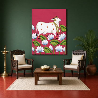 Immerse yourself in the captivating world of Pichwai art with our 'Celestial Cow Amidst Lotus for Sitting Area