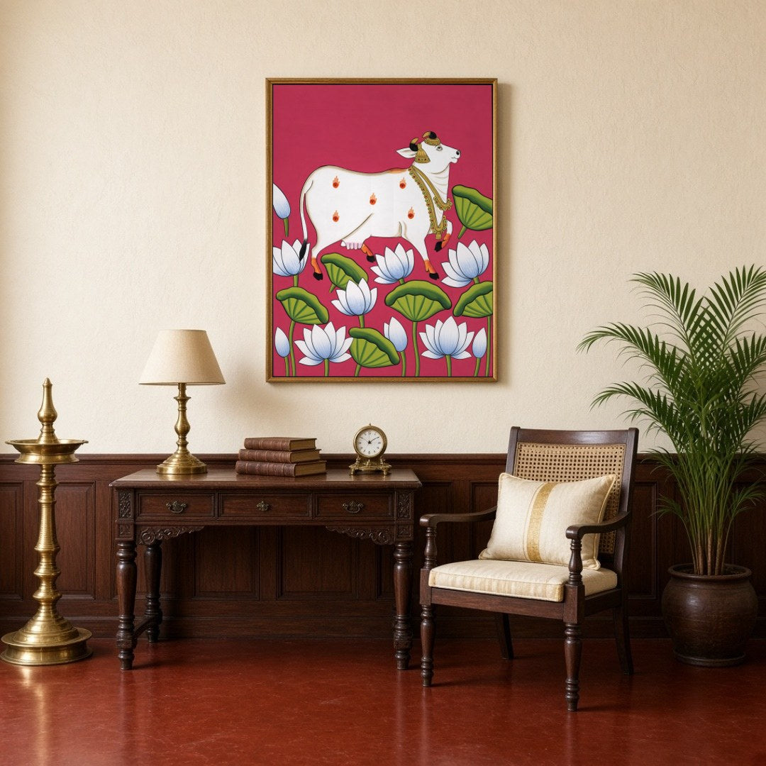 Immerse yourself in the captivating world of Pichwai art with our 'Celestial Cow Amidst Lotus for Study