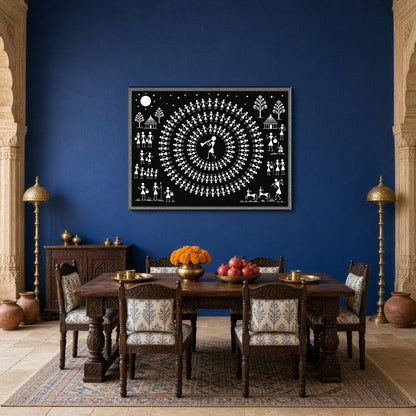 Experience the enchanting rhythm of village life with this captivating Warli art print. Featuring a for Dining