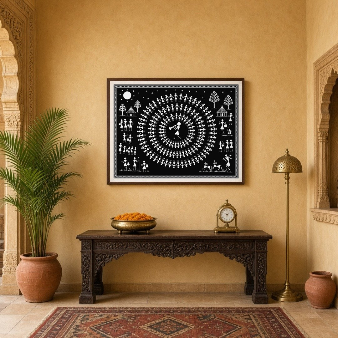 Experience the enchanting rhythm of village life with this captivating Warli art print. Featuring a for Entrance