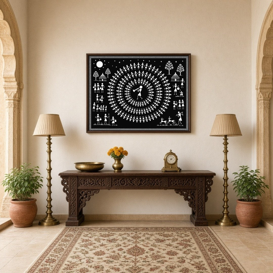 Experience the enchanting rhythm of village life with this captivating Warli art print. Featuring a for Hallway