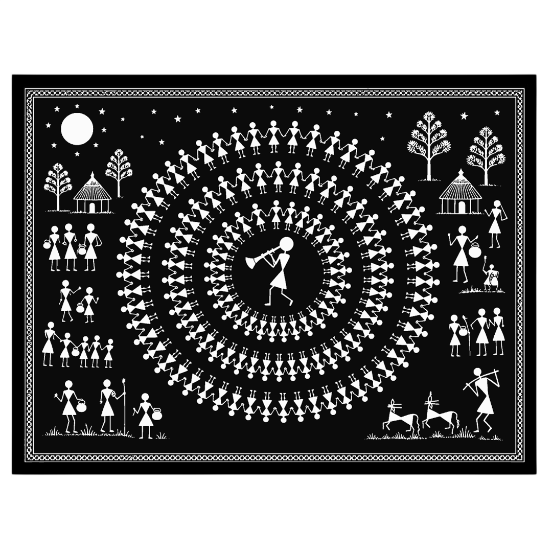 Experience the enchanting rhythm of village life with this captivating Warli art print. Featuring a for house