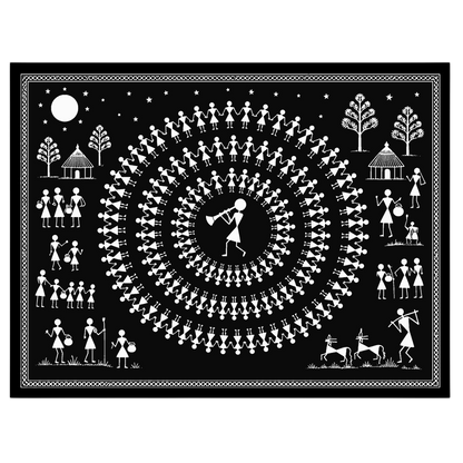 Experience the enchanting rhythm of village life with this captivating Warli art print. Featuring a for house