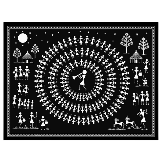 Experience the enchanting rhythm of village life with this captivating Warli art print. Featuring a for house