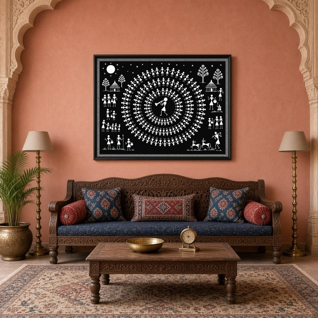 Experience the enchanting rhythm of village life with this captivating Warli art print. Featuring a for Living Room
