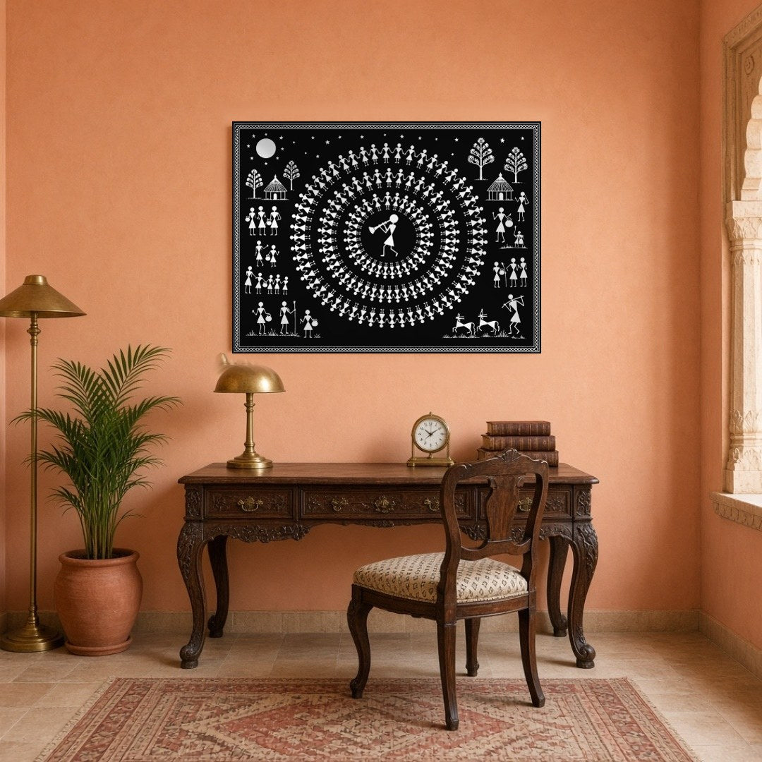 Experience the enchanting rhythm of village life with this captivating Warli art print. Featuring a for Study