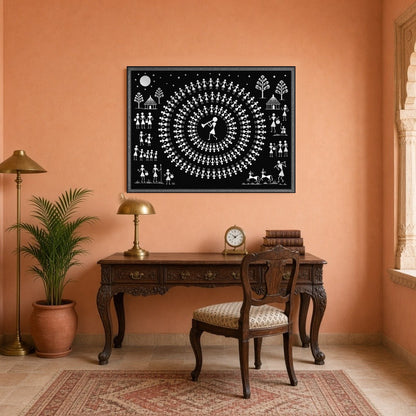 Experience the enchanting rhythm of village life with this captivating Warli art print. Featuring a for Study