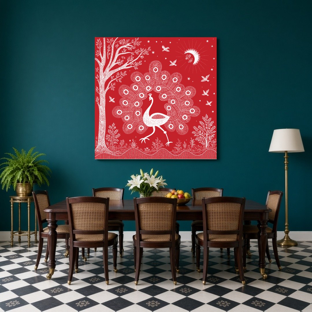 Embrace the rhythmic harmony of nature with this captivating Warli art print, featuring a majestic for Dining