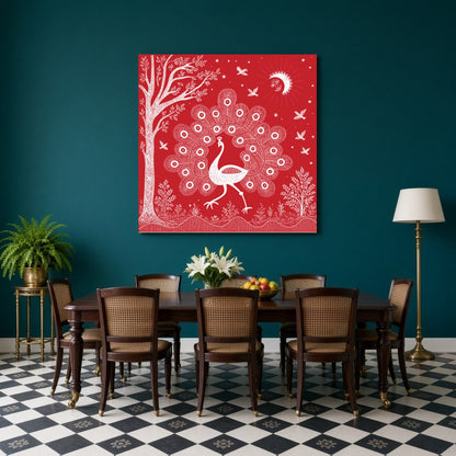 Embrace the rhythmic harmony of nature with this captivating Warli art print, featuring a majestic for Dining