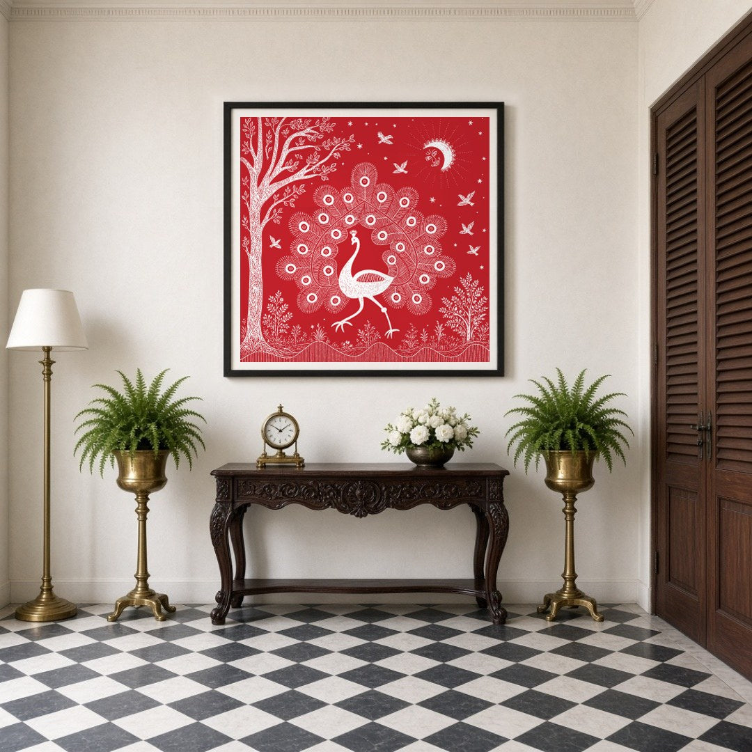 Embrace the rhythmic harmony of nature with this captivating Warli art print, featuring a majestic for Entrance