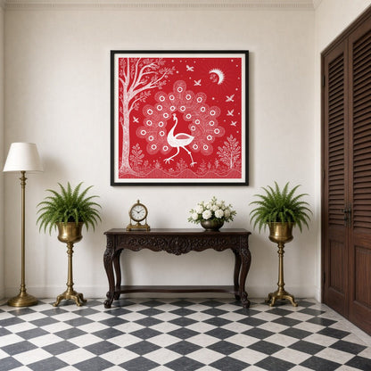 Embrace the rhythmic harmony of nature with this captivating Warli art print, featuring a majestic for Entrance