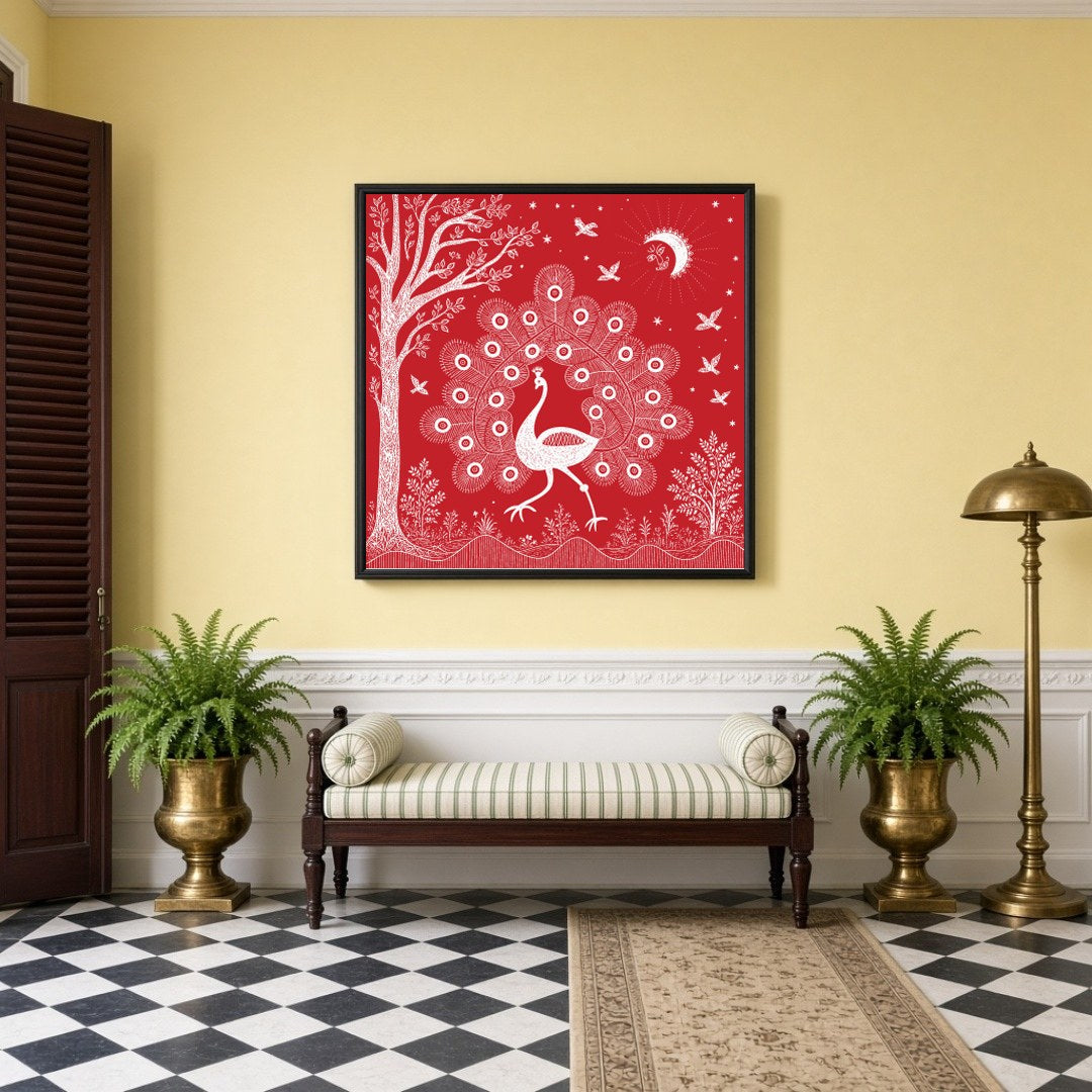 Embrace the rhythmic harmony of nature with this captivating Warli art print, featuring a majestic for Hallway