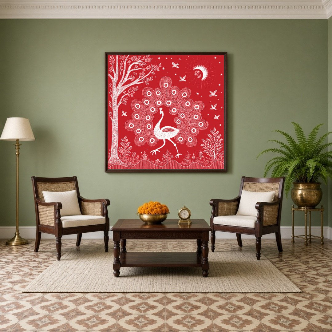 Embrace the rhythmic harmony of nature with this captivating Warli art print, featuring a majestic for Living Room