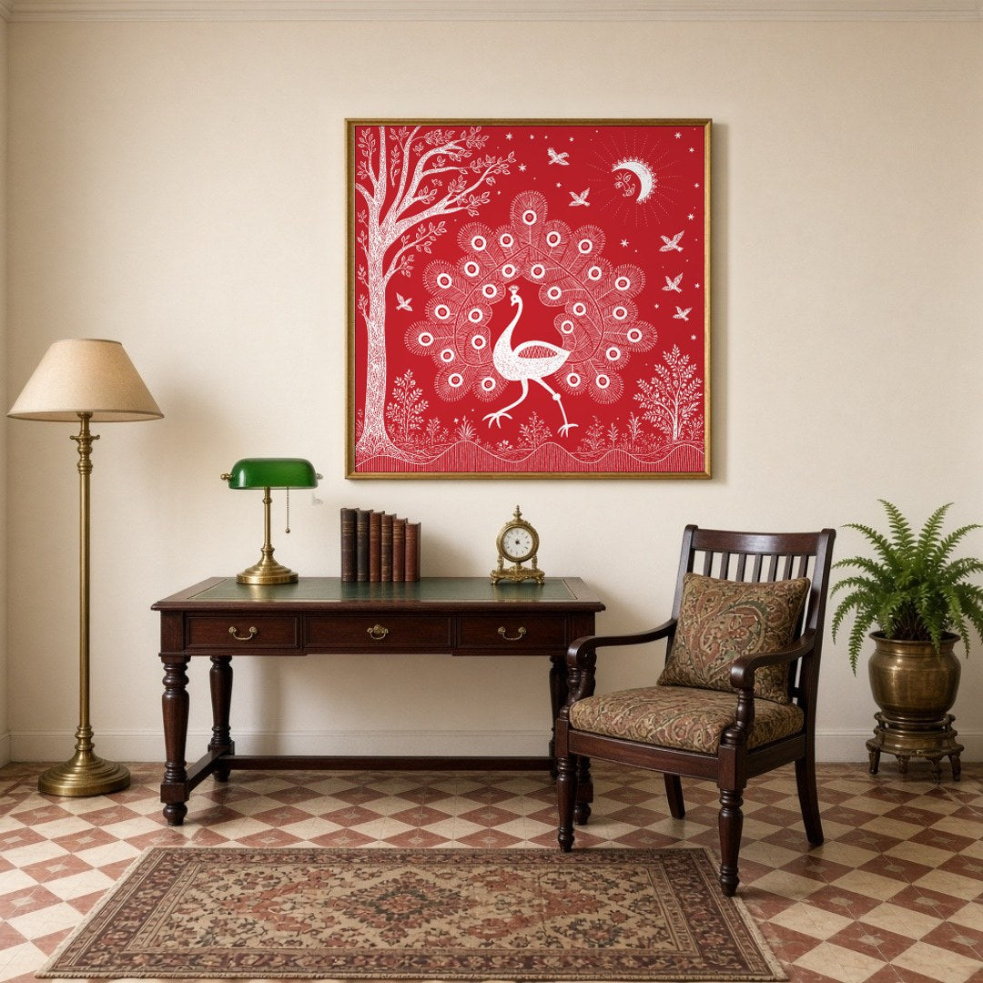Embrace the rhythmic harmony of nature with this captivating Warli art print, featuring a majestic for Study