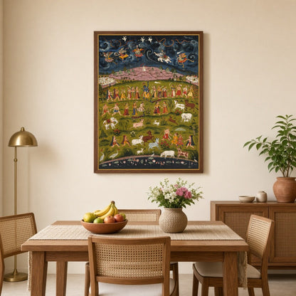 Experience the divine act of Krishna lifting the Govardhan Hill in this enchanting Pichwai artwork. for Dining
