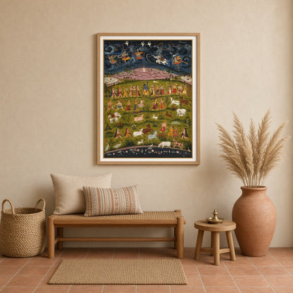 Experience the divine act of Krishna lifting the Govardhan Hill in this enchanting Pichwai artwork. for Entrance