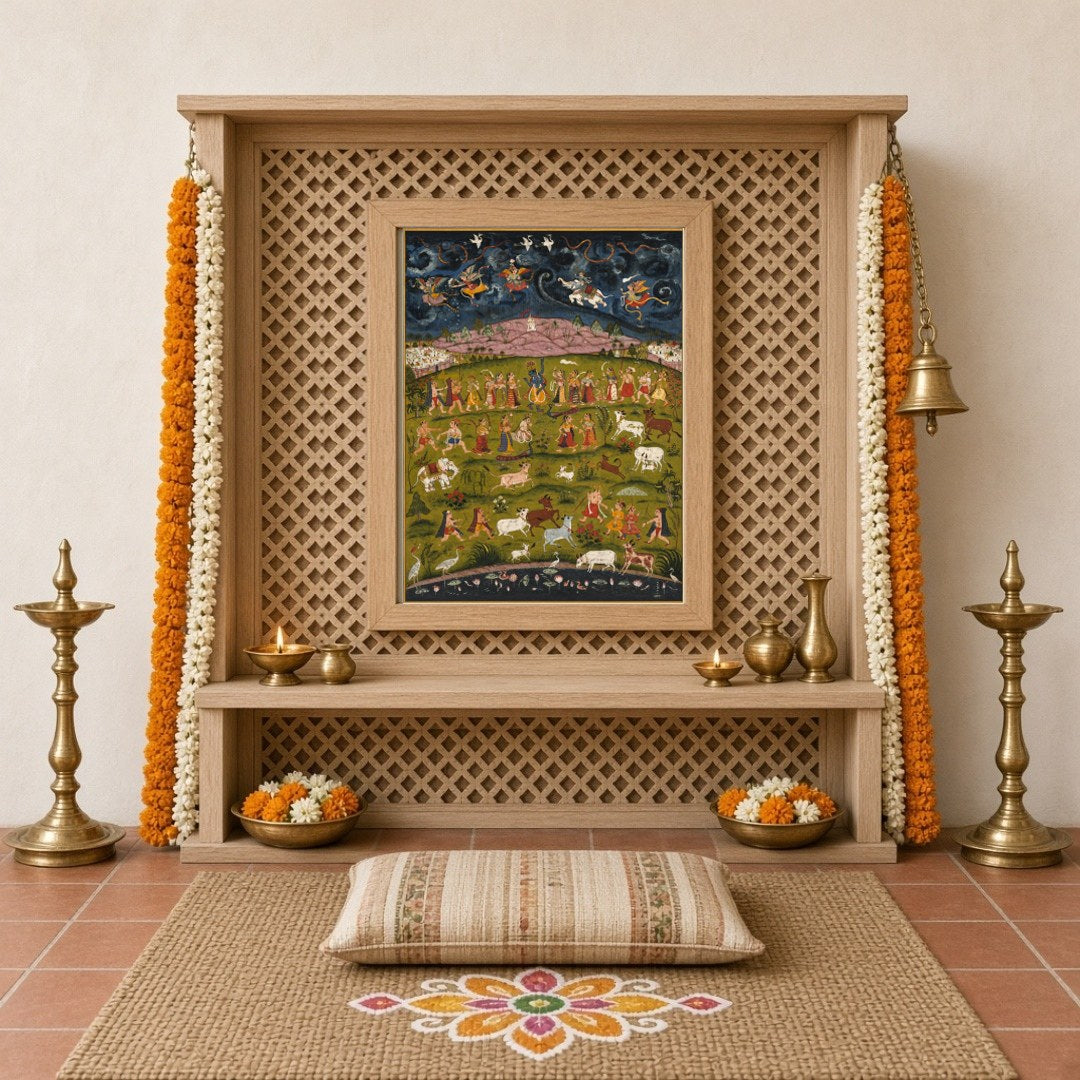 Experience the divine act of Krishna lifting the Govardhan Hill in this enchanting Pichwai artwork. for Home Temple