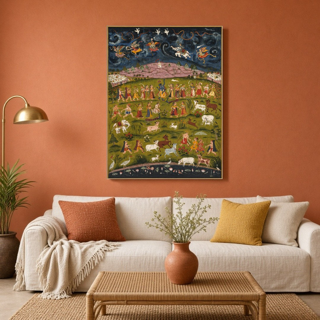 Experience the divine act of Krishna lifting the Govardhan Hill in this enchanting Pichwai artwork. for Living Room