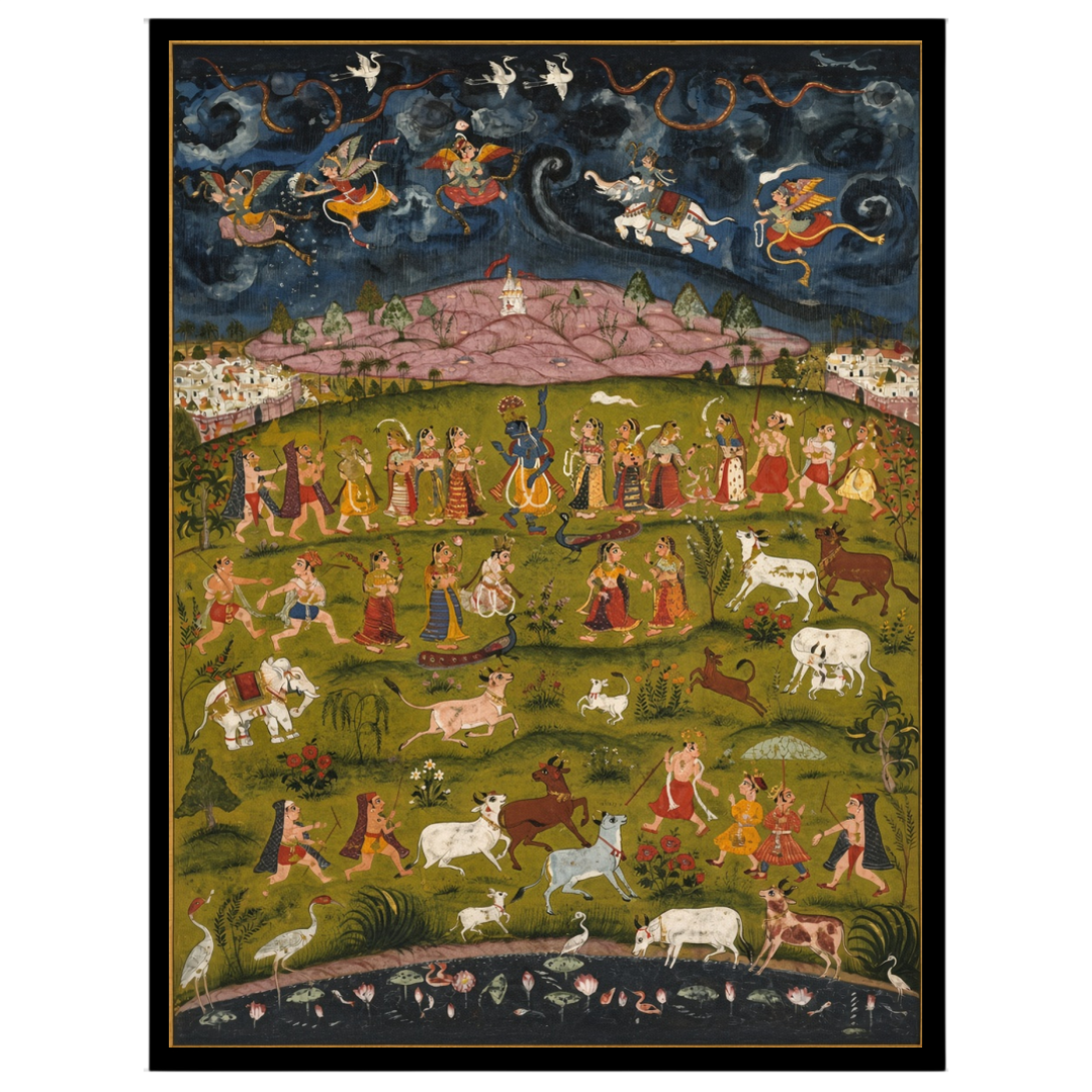 Experience the divine act of Krishna lifting the Govardhan Hill in this enchanting Pichwai artwork. for office