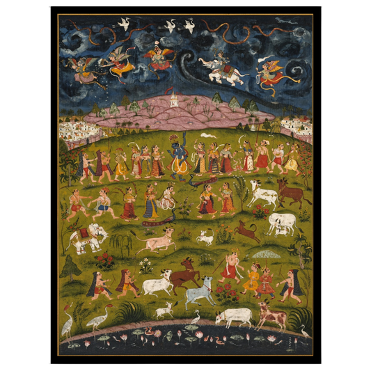 Experience the divine act of Krishna lifting the Govardhan Hill in this enchanting Pichwai artwork. for office